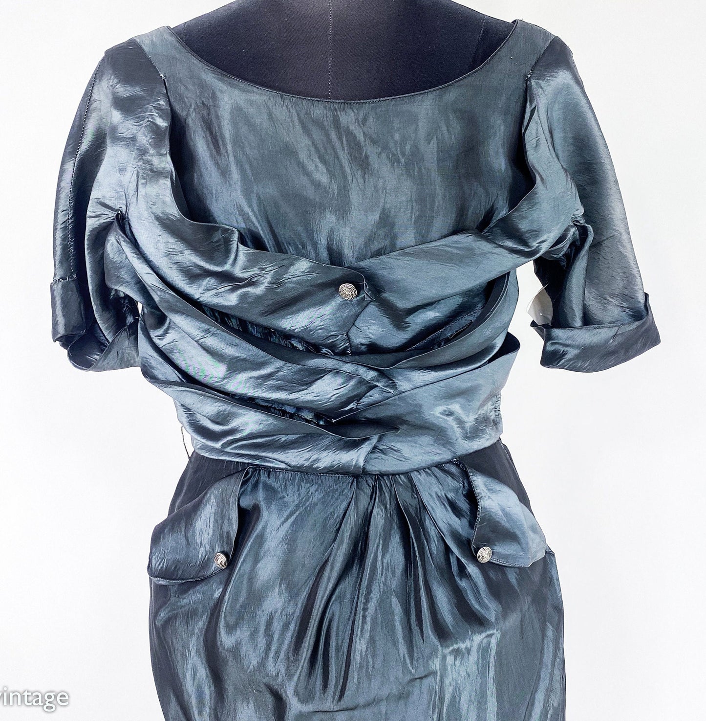 1950s Blue Gray Taffeta Cocktail Dress, Cadillac Original, Small