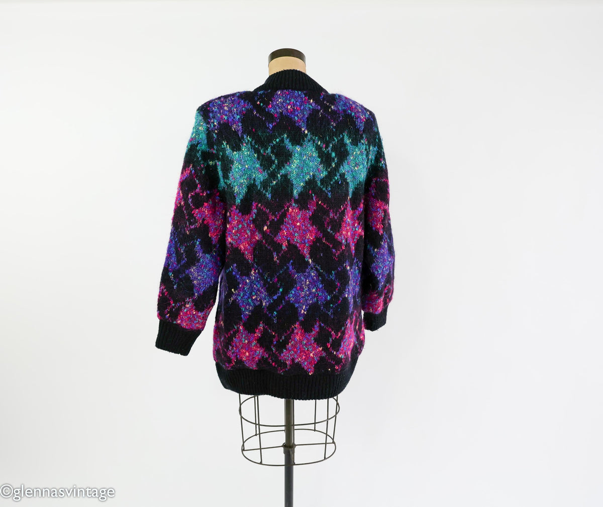 1980s Black Purple Metallic Knit Sweater Jacket, Lily of California, XL