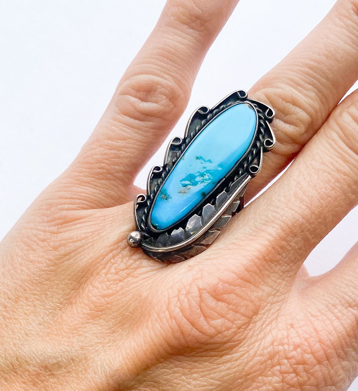 Vintage 1960s Turquoise Sterling Silver Ring | Southwest Feather Design, 6 1/2