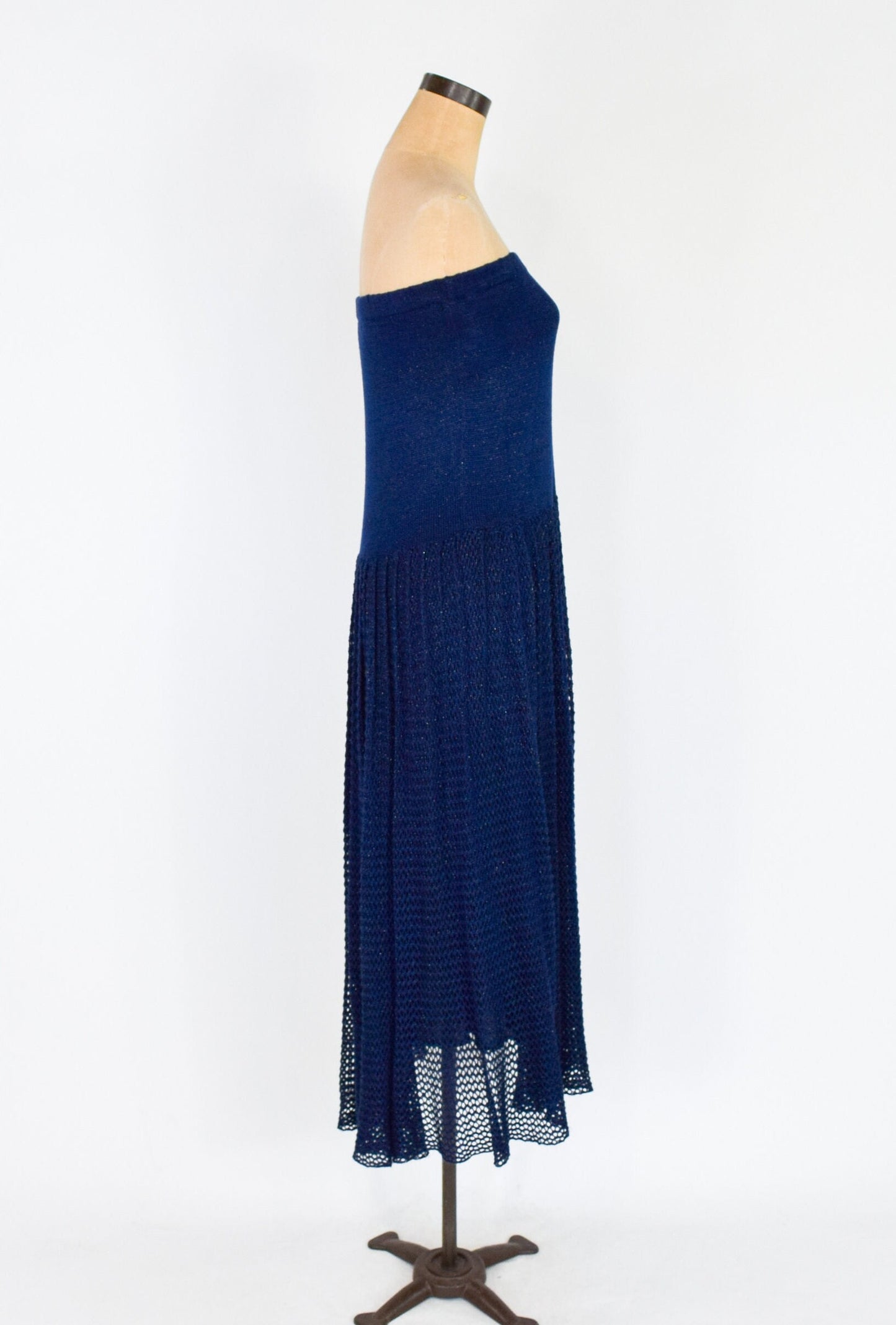 1980s Metallic Navy Knit Strapless Maxi Dress. Medium