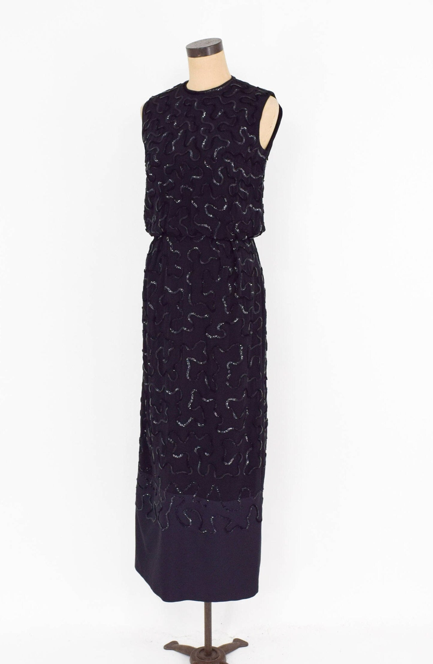 1950s Black Sequin Evening Dress | 50s Black Sleeveless Sequin Formal Dress | Medium