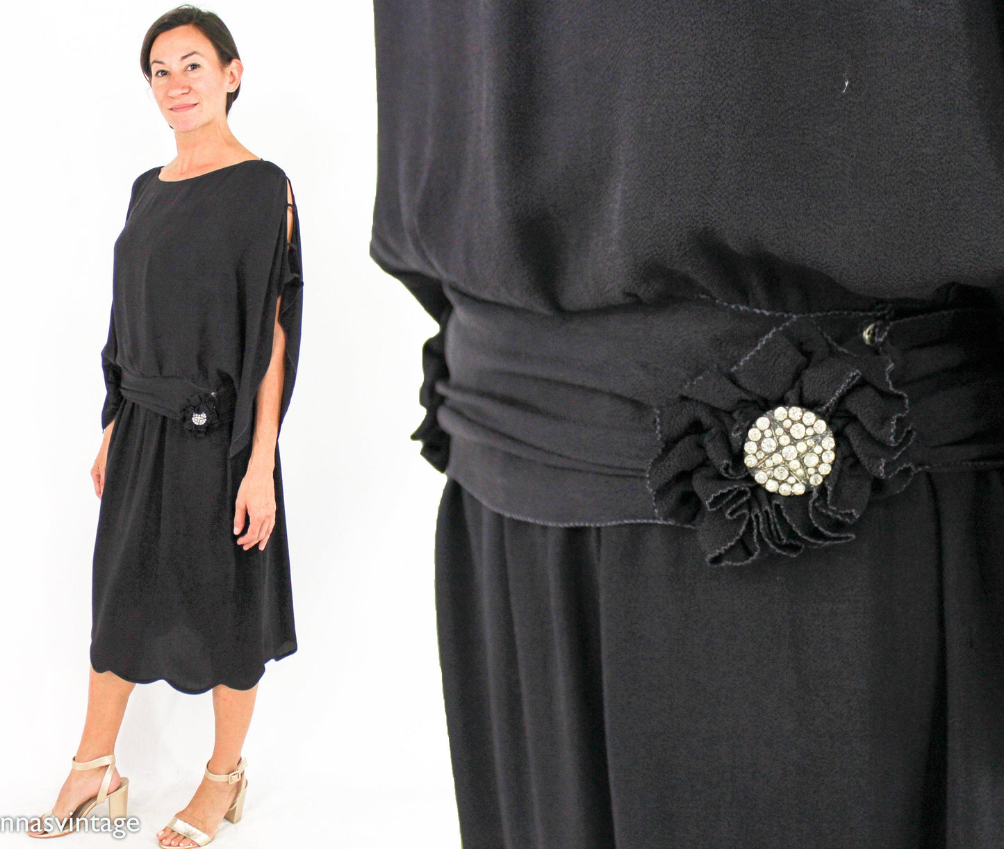 1920s Black Silk Crepe Flapper Dress with Rhinestone Detail, Large