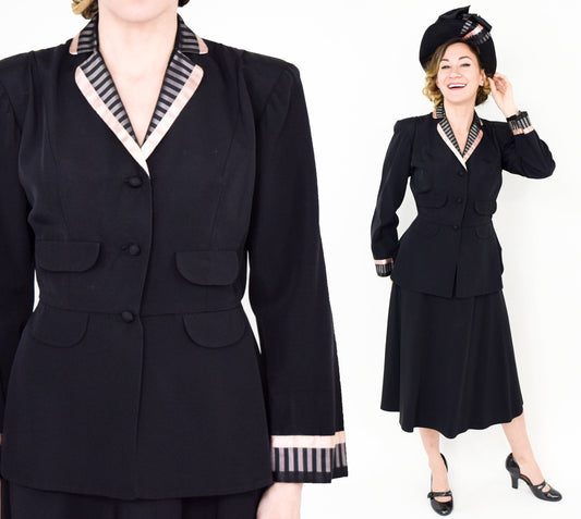Vintage 1940s Doris Dodson Black Faille Suit | Black Pink Jacket & Skirt, Medium