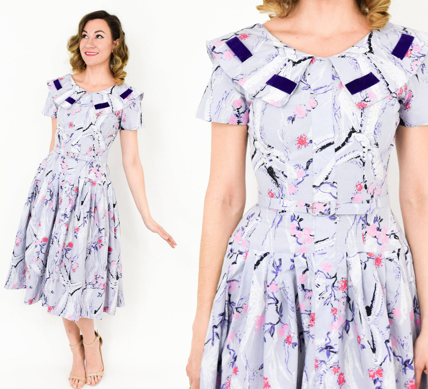 1950s Lavender Purple Novelty Print Cotton Dress, Small