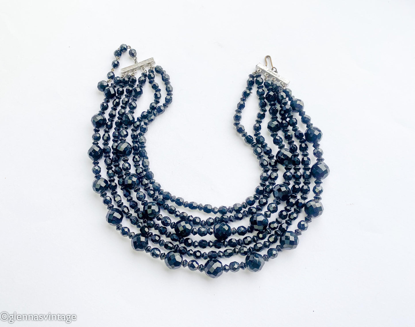 1950s Carnegie Black Crystal Beaded Necklace | 6-Strand Evening Jewelry