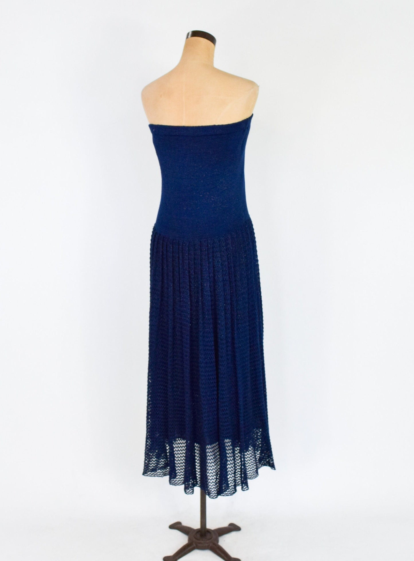 1980s Metallic Navy Knit Strapless Maxi Dress. Medium