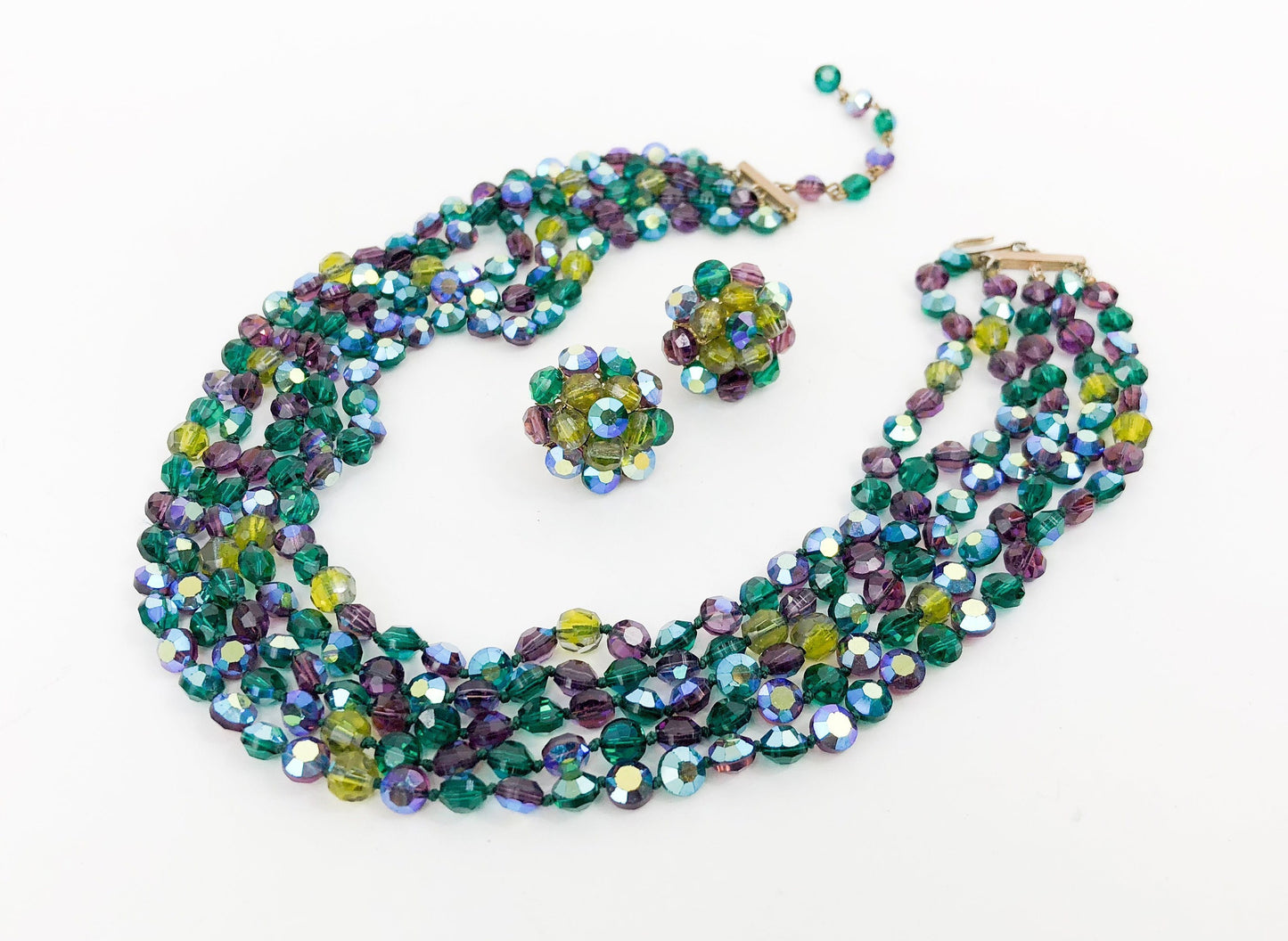 Vogue | 1960s Blue Green Crystal Necklace Set | 60s Green Faceted AB Crystal Set | Blue Multi Strand Necklace & Earrings | Vogue