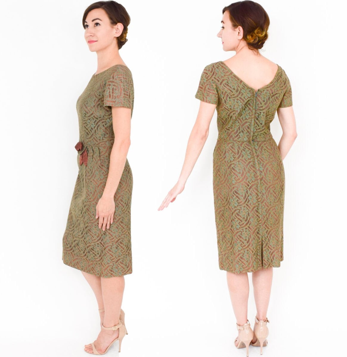 1950s Olive Green Lace Cocktail Dress, Medium