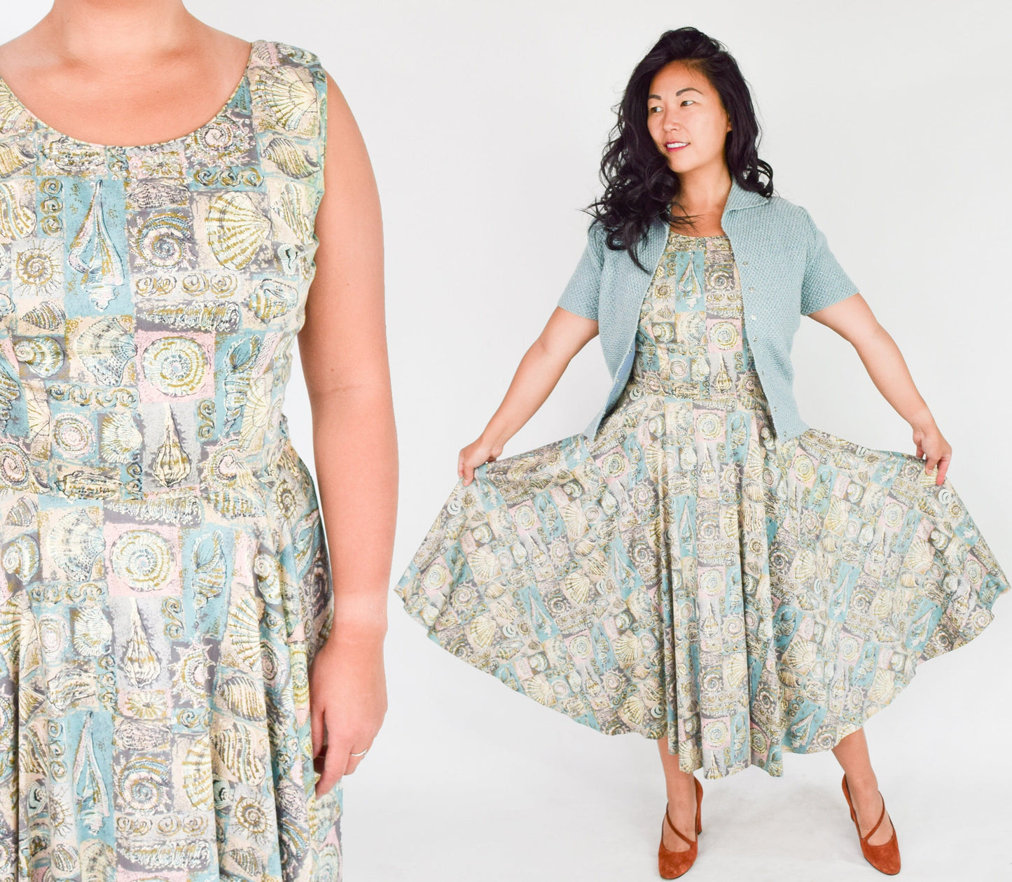 1950s Seashell Tiki Print Summer Dress, Large