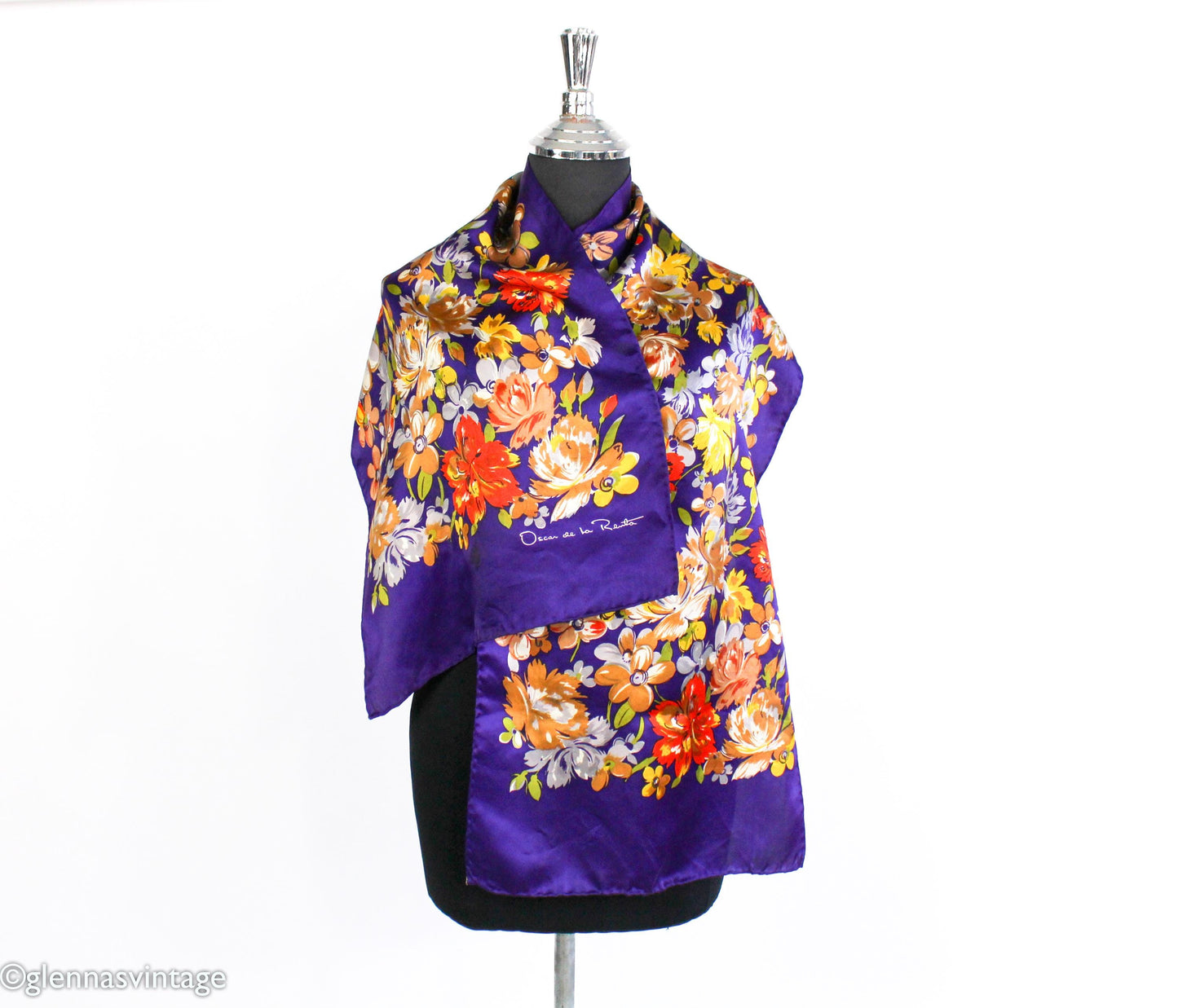 1980s Oscar de la Renta Purple Floral Silk Scarf