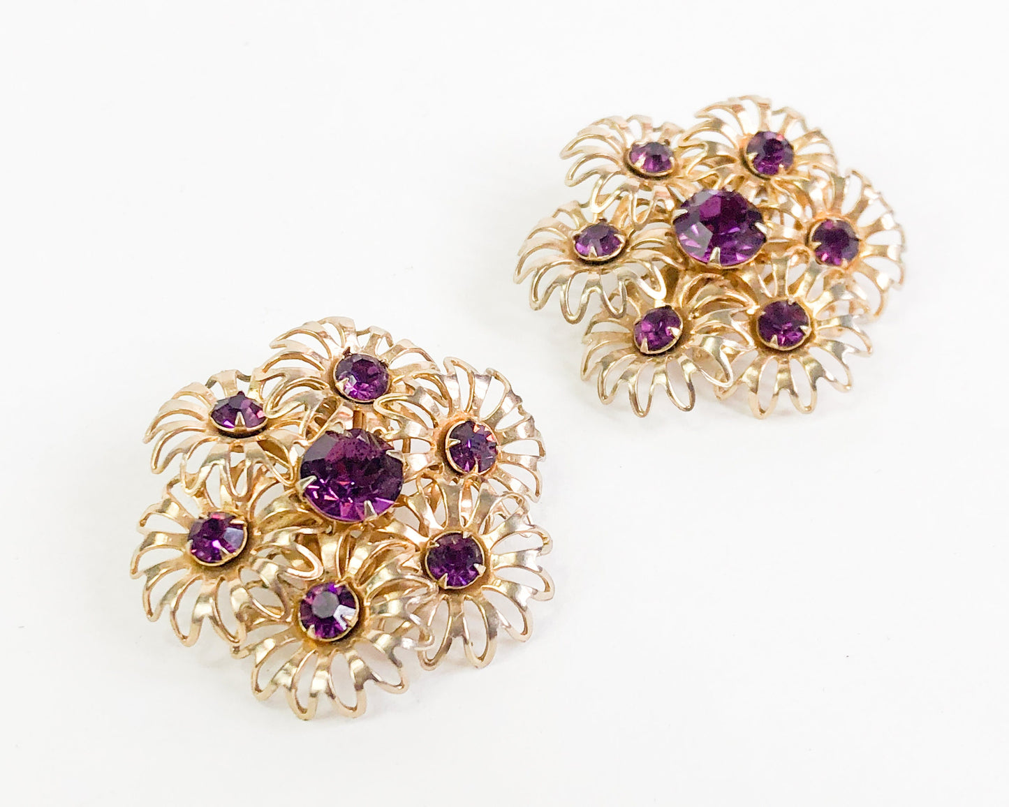 1960s Purple Rhinestone Flower Earrings | 60s Gold & Purple Flower Cluster Clips
