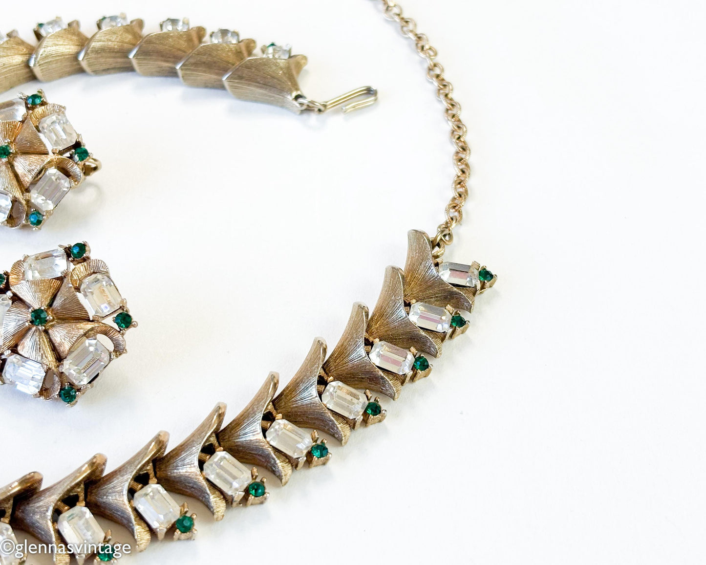 1950s Vintage Gold Rhinestone Necklace Earring Set | Emerald Green Accents