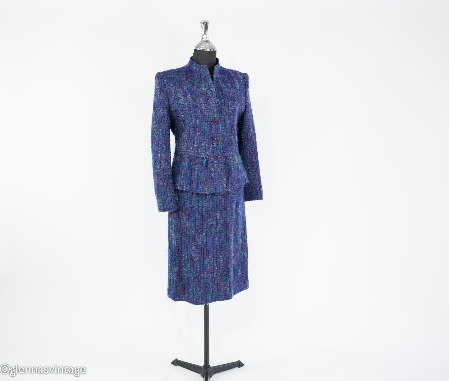 1960s Blue Purple Wool Suit | 60s Purple Wool Tweed Skirt Suit | Jim Baldwin | Medium