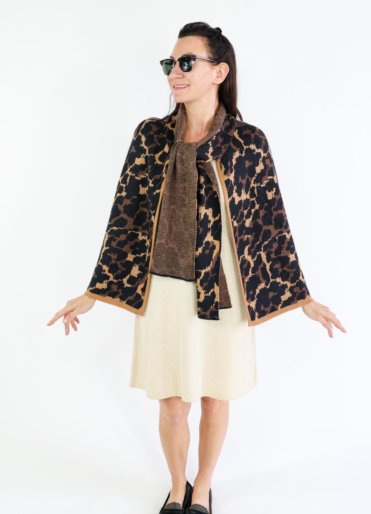 2000s Animal Print Sweater Cape | Brown Knit Shrug | Betsey Johnson, One Size