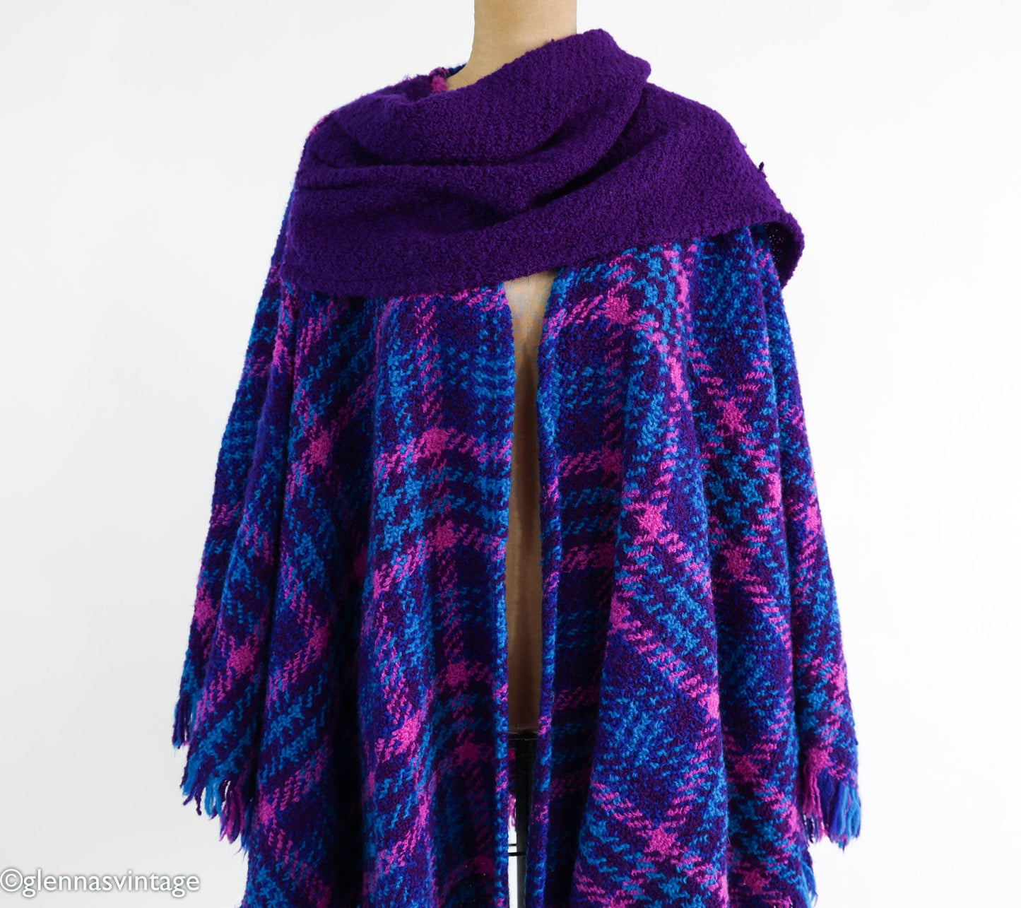 1980s Purple Blue Plaid Cape Irish Wool Cape, One Size