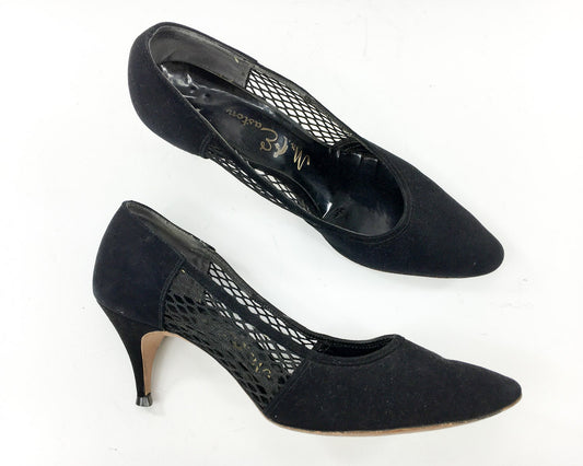 1960s Mr Easton Black Suede Heels Lattice Leather Pumps US 8.5