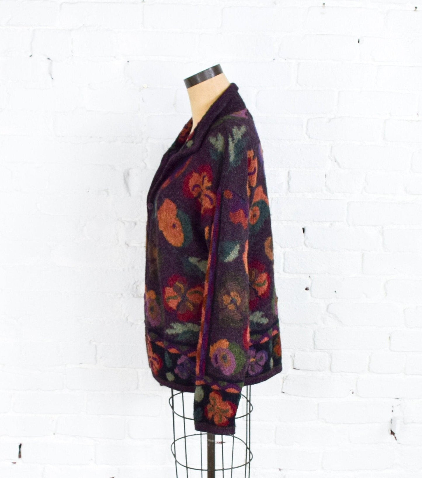 1980s Purple & Burgundy Pant Outfit | Purple Floral Sweater | Wearable Art | Medium Large