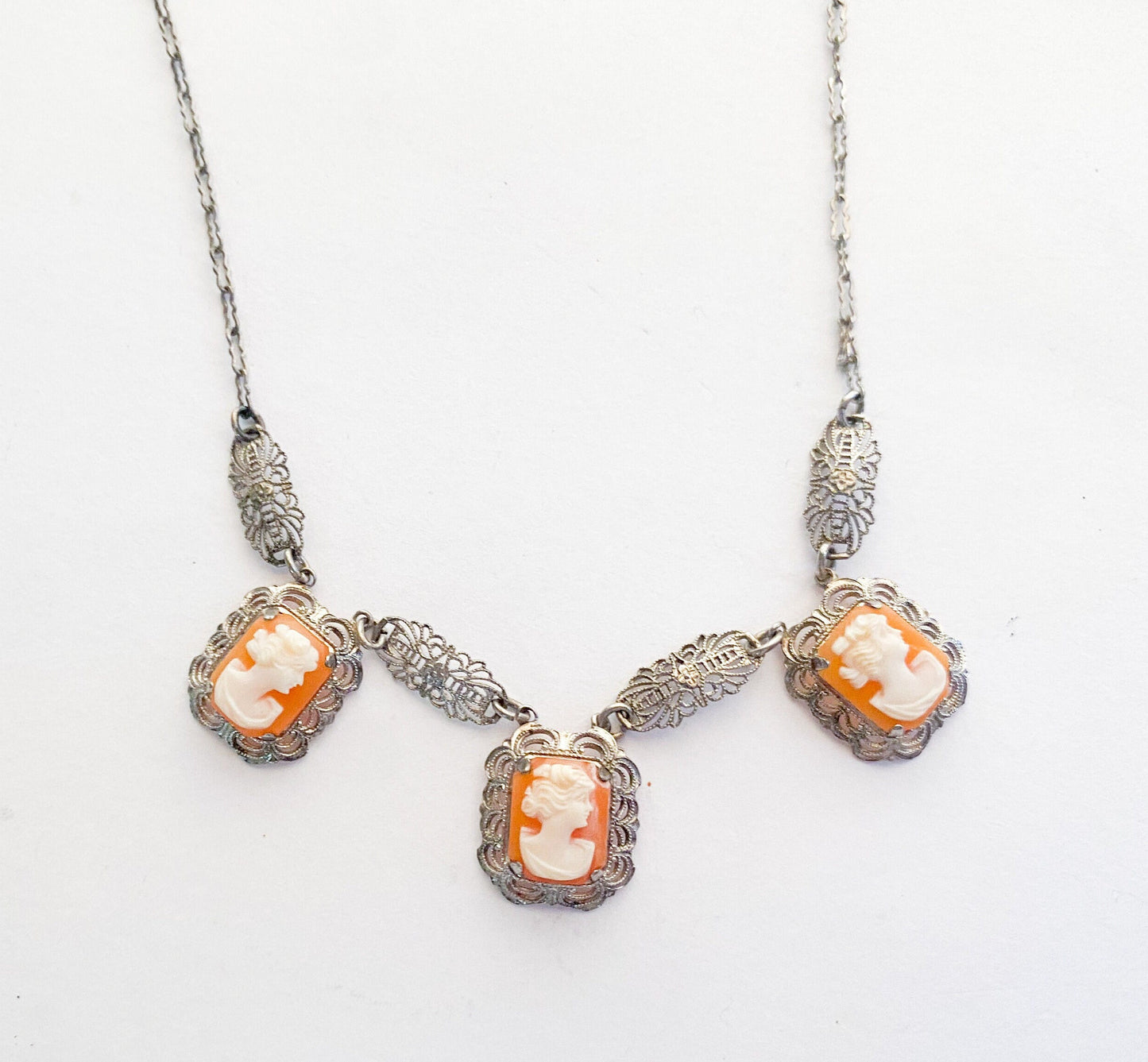 1920s Sterling Silver Cameo Necklace, Filigree Shell Cameos
