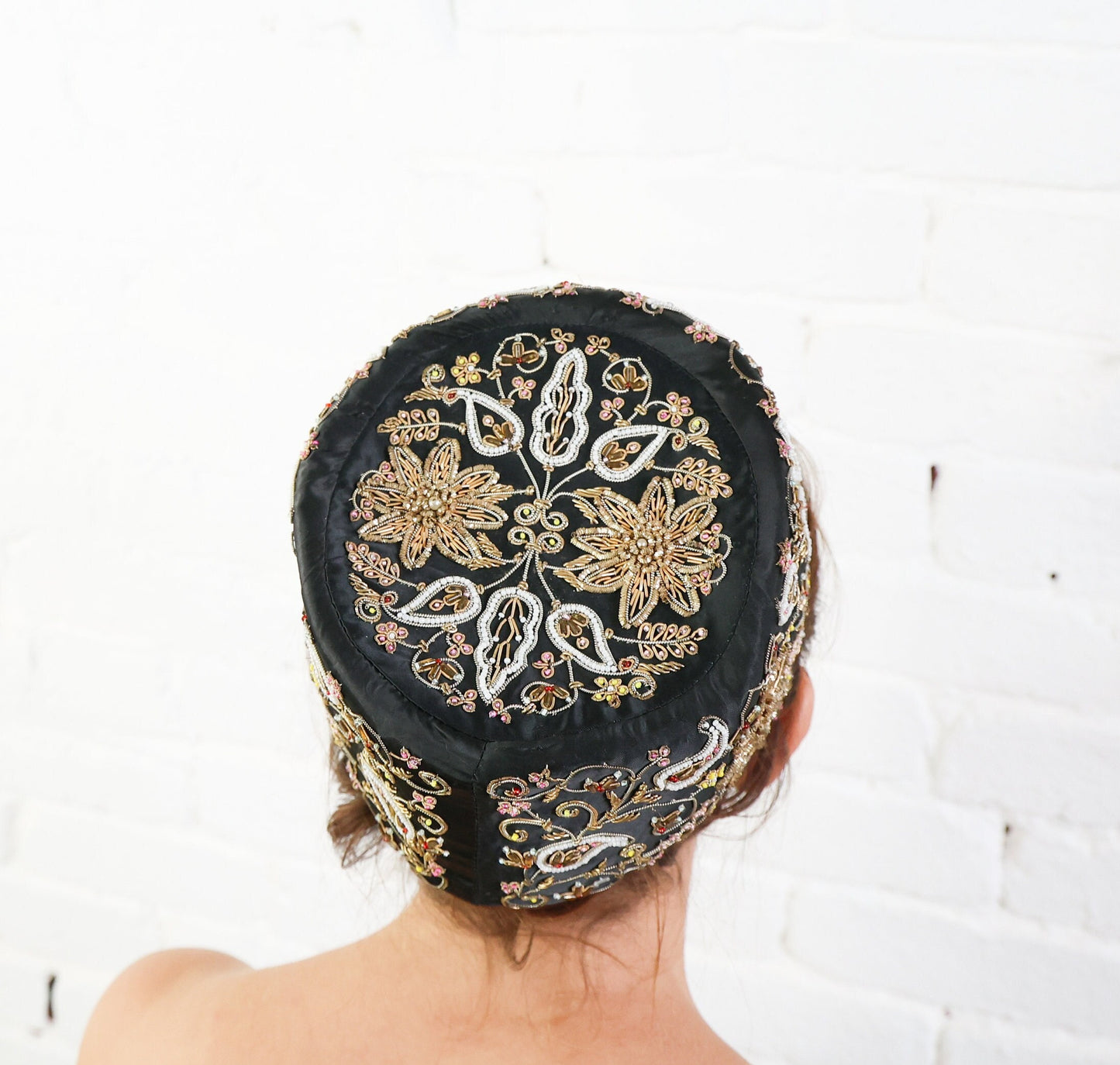 1950s Black Silk Pillbox Hat with Gold Embroidery
