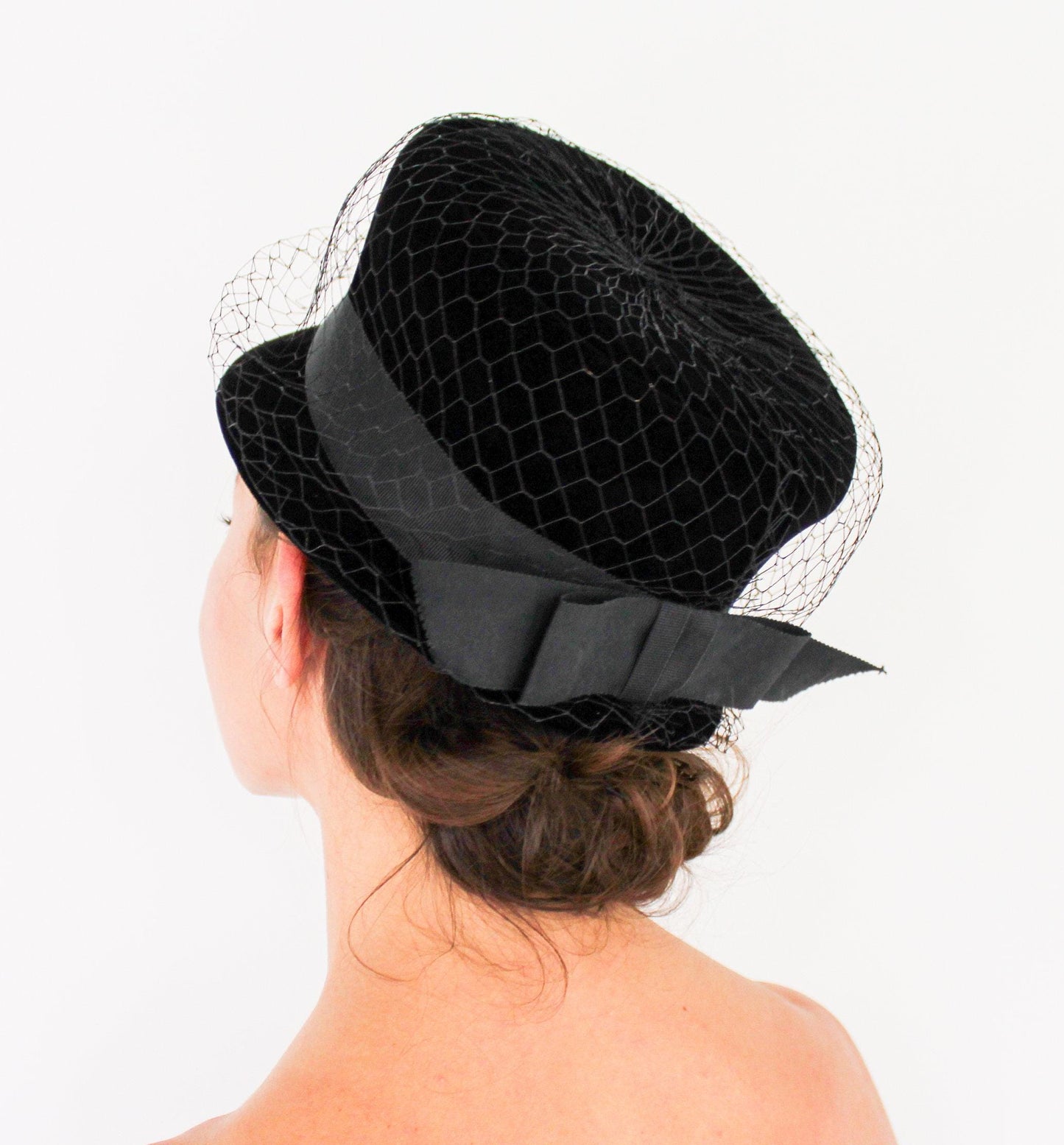 1960s Black Velvet High Crown Hat, Jackie O Style