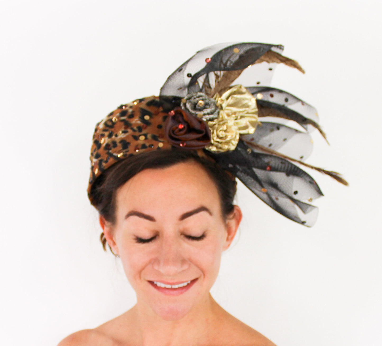1980s Leopard Fascinator Hat with Tulle & Sequins