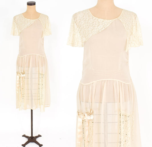 1920s Ivory Silk Chiffon Lace Dress, Vintage Wedding, Small