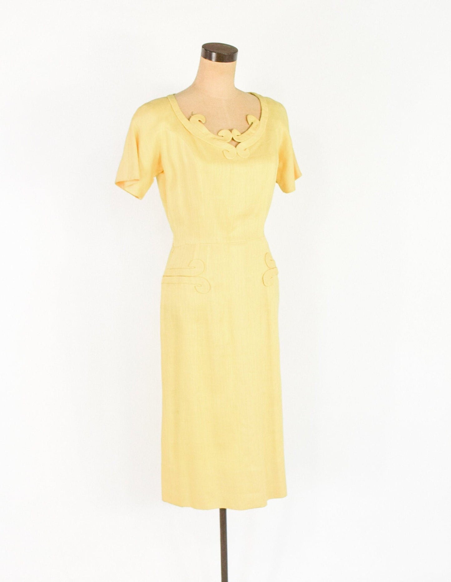 1950s Yellow Linen Dress | 50s Butter Yellow Linen Dress | Bombshell | Pin Up | Paul Parnes | Medium