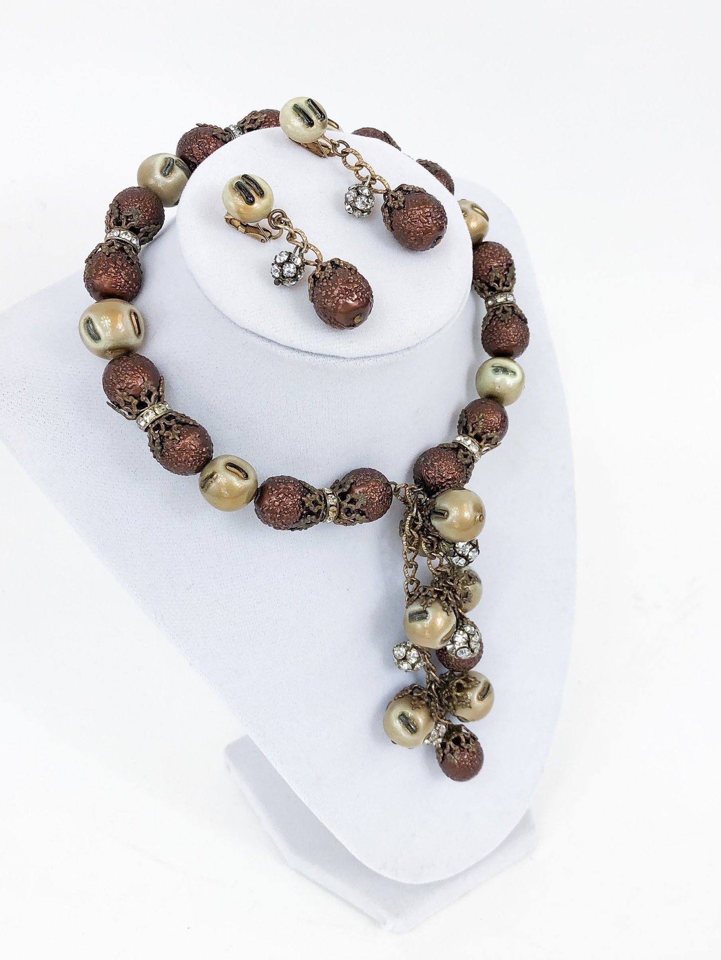 1950s Copper Bead Choker and Clip Earring Jewelry Set