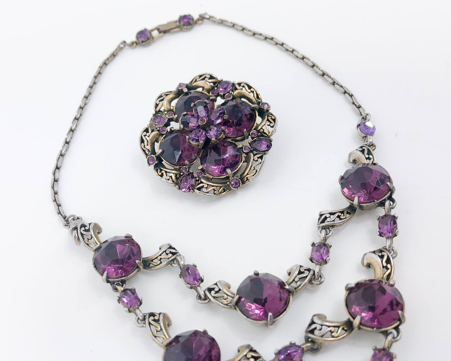 Hollycraft 1950s Amethyst Necklace Brooch Set | Purple Necklace & Trembler Pin