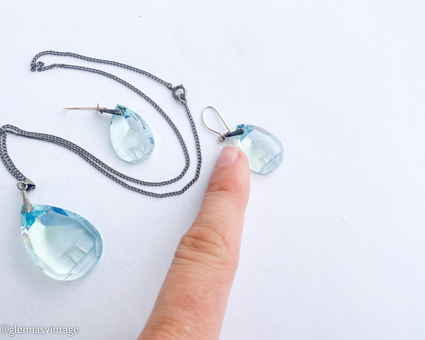 1950s Mt Fuji Scene in Blue Glass Pendant Necklace and Earring Set