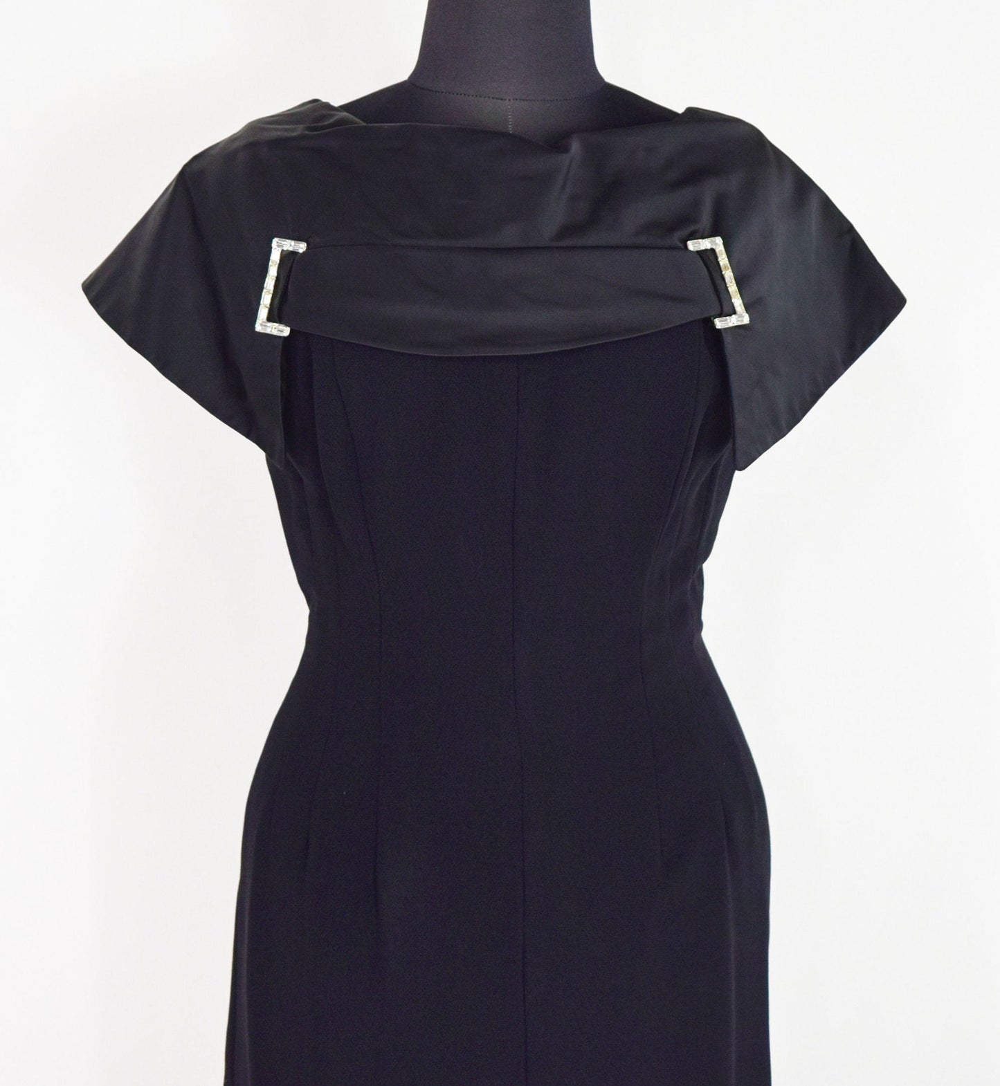 1950s Black Wool Crepe Sheath with Satin Collar, Small