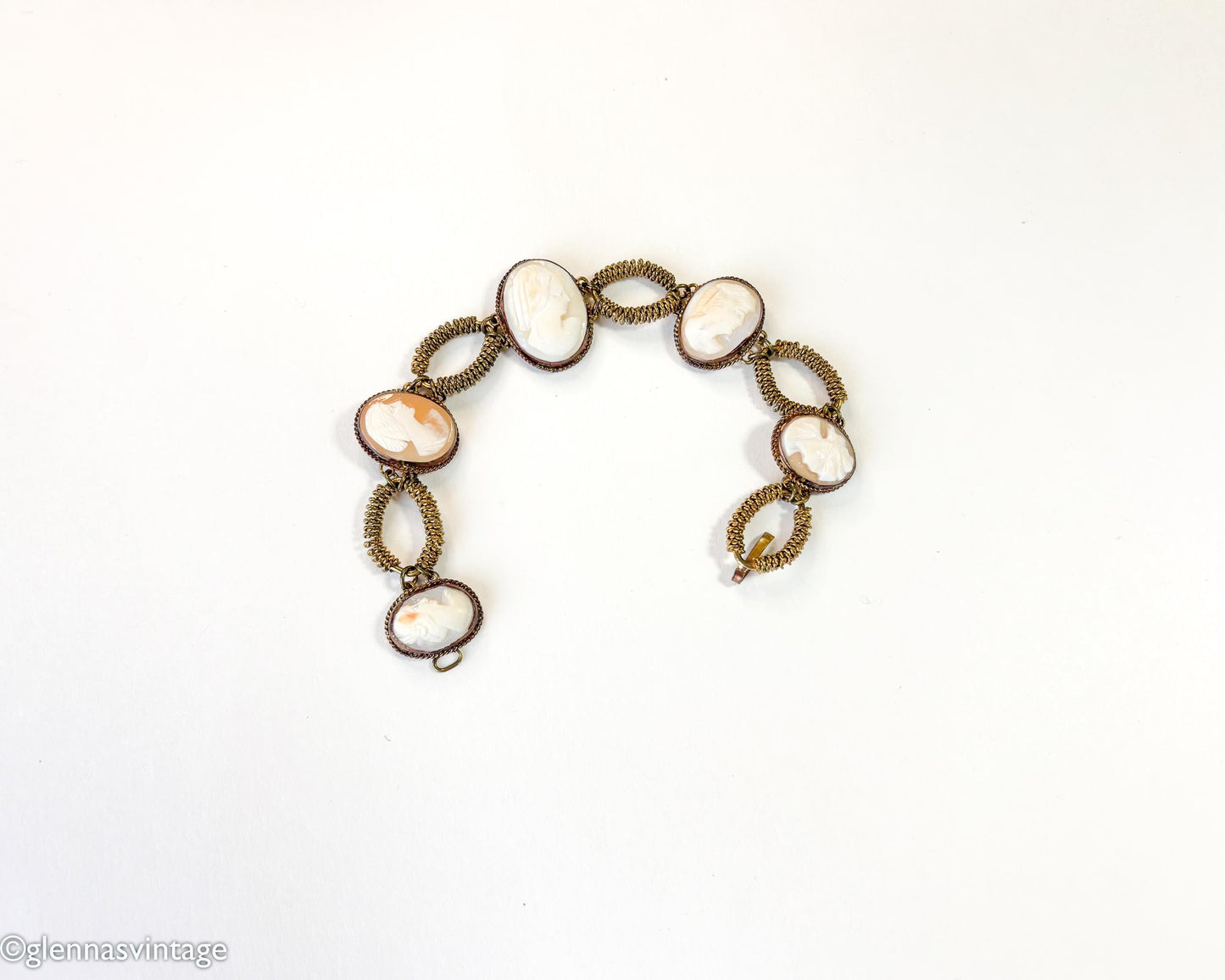 Antique Shell Cameo & Brass Bracelet, 1900s Jewelry