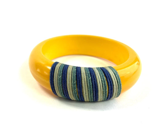 1940s Yellow Bakelite String Wrapped Bangle | Golden Bakelite Cuff