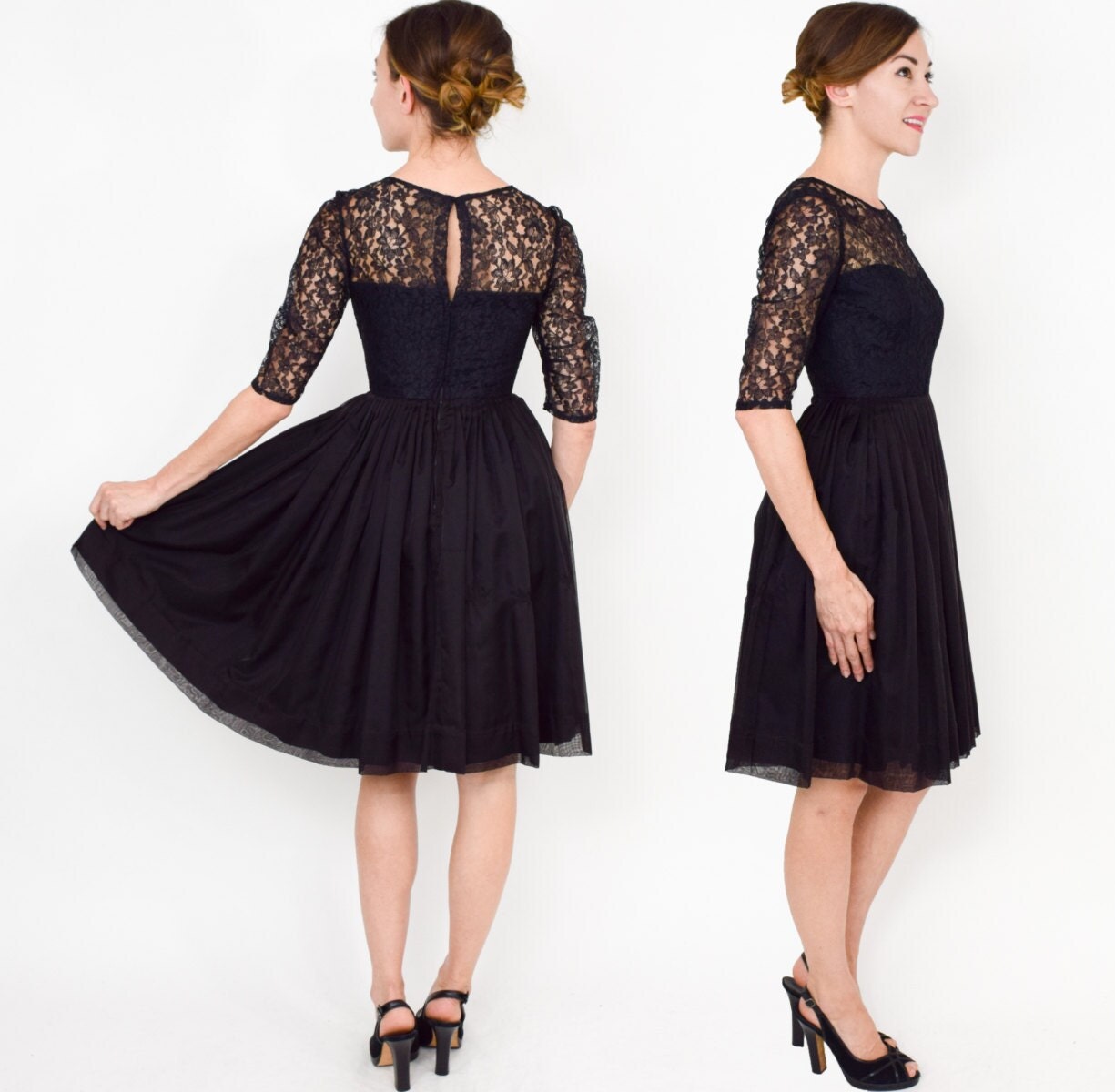 1950s Black Lace Party Dress | 50s Black Organza Cocktail Dress | Extra Small