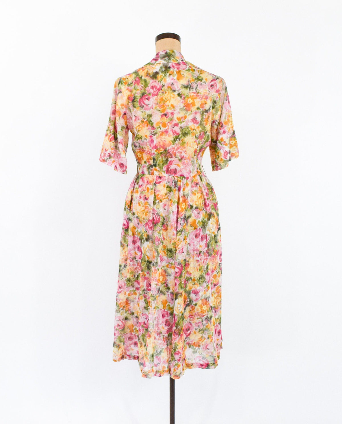 1950s Floral Cotton Shirtwaist Dress | Orange Sheer Fabric, Medium