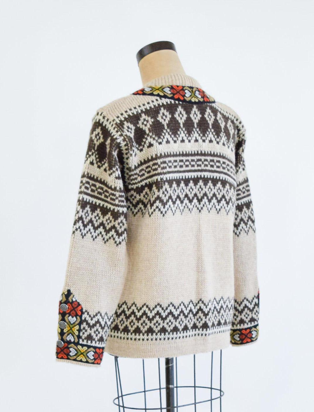 1950s Nordic Brown Pattern Virgin Wool Cardigan, Medium