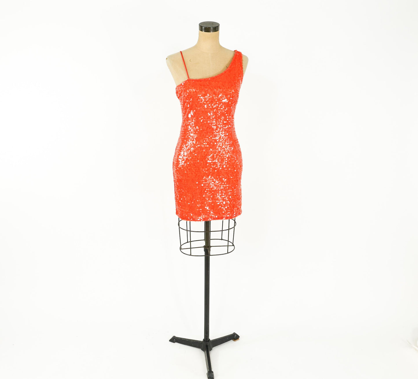 1990s Orange Sequin Mini Dress, One Shoulder Party Dress, Small