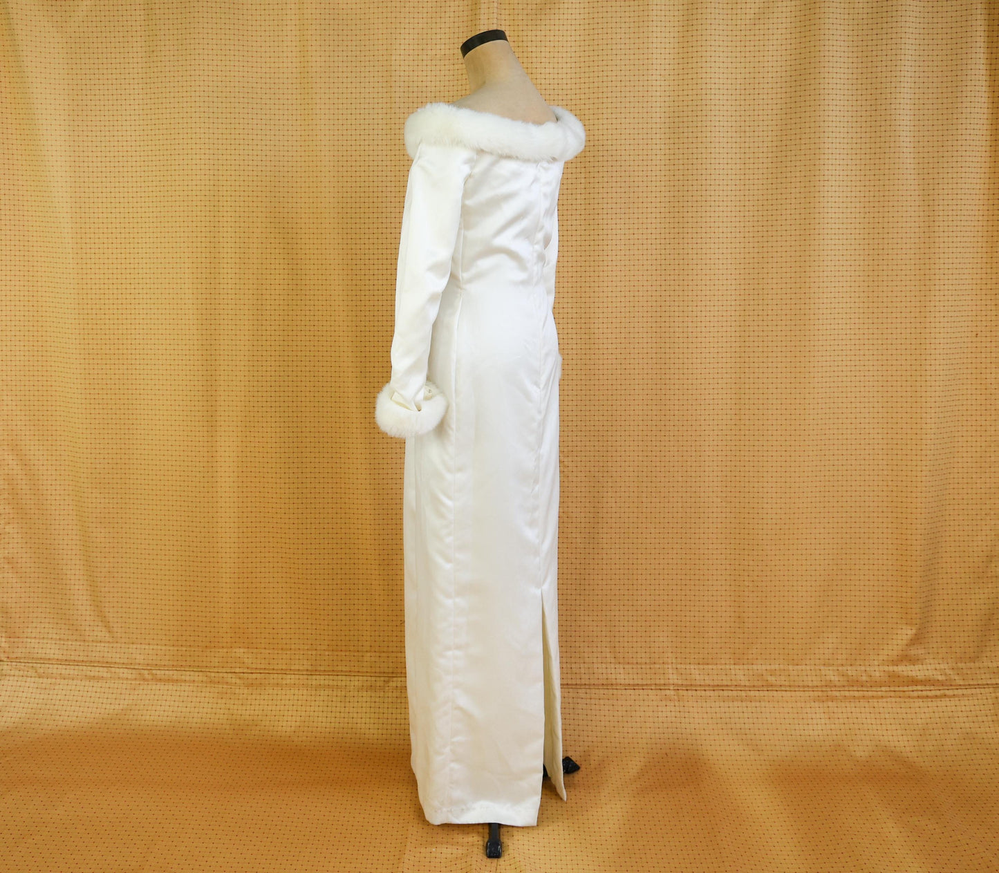 1980s Satin Wedding Dress with Faux Fur Trim, Large