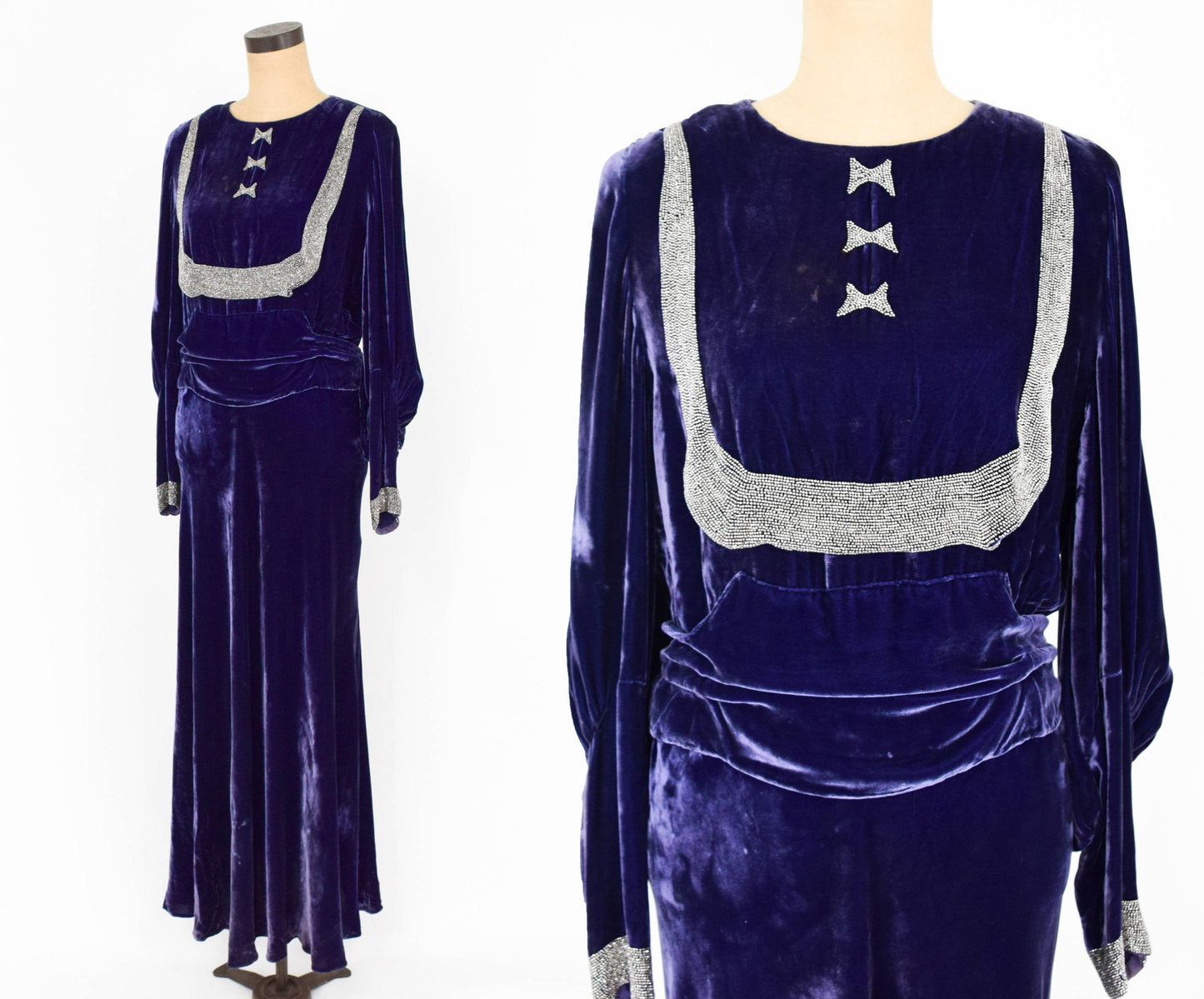 1900s Purple Silk Velvet Gown, Beaded Evening Dress, Medium Large