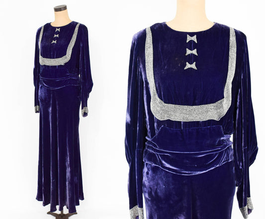 1900s Purple Silk Velvet Gown, Beaded Evening Dress, Medium Large
