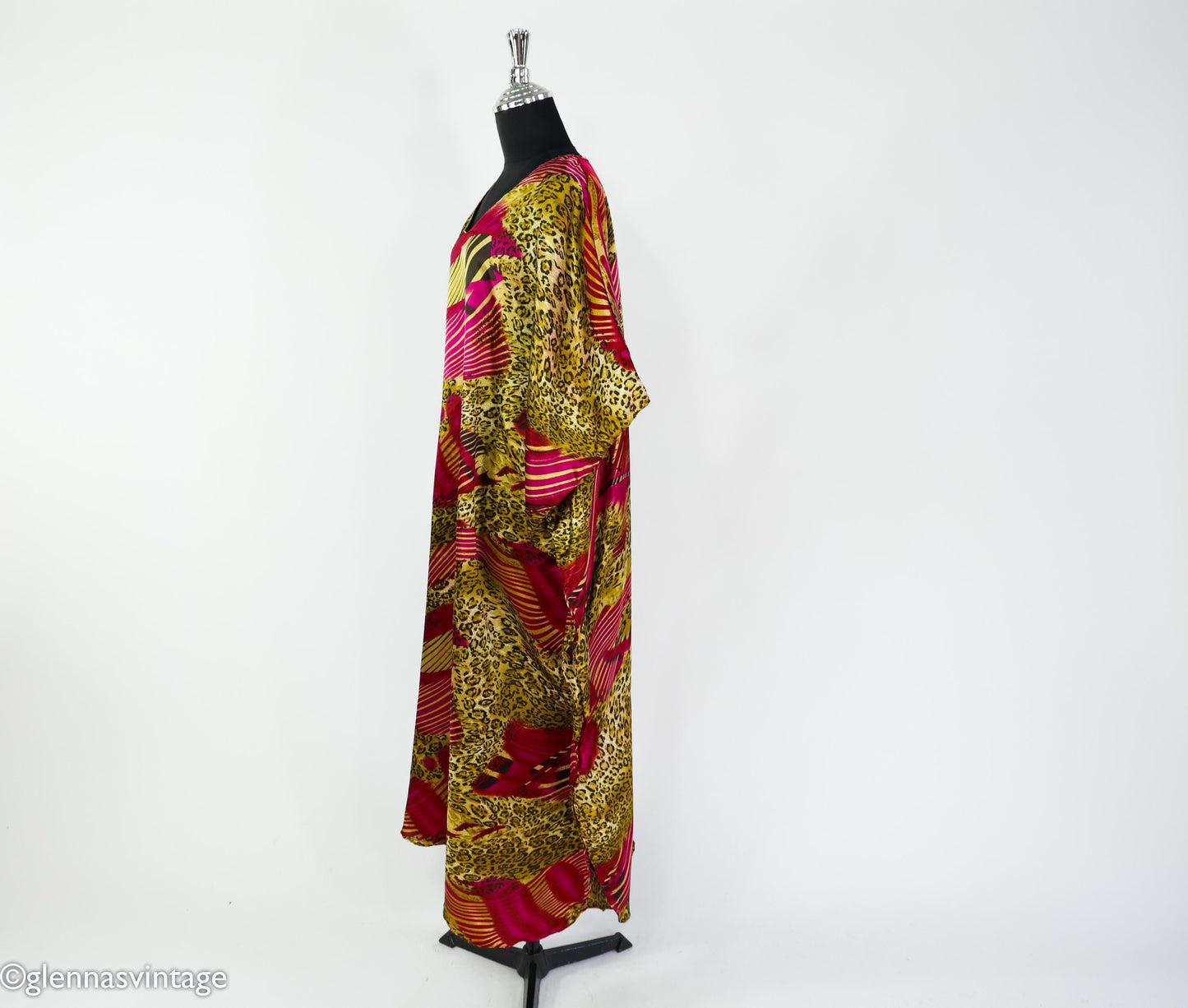 1990s Animal Print Caftan, Burgundy Pink Gold, Plus Size Silk Blend