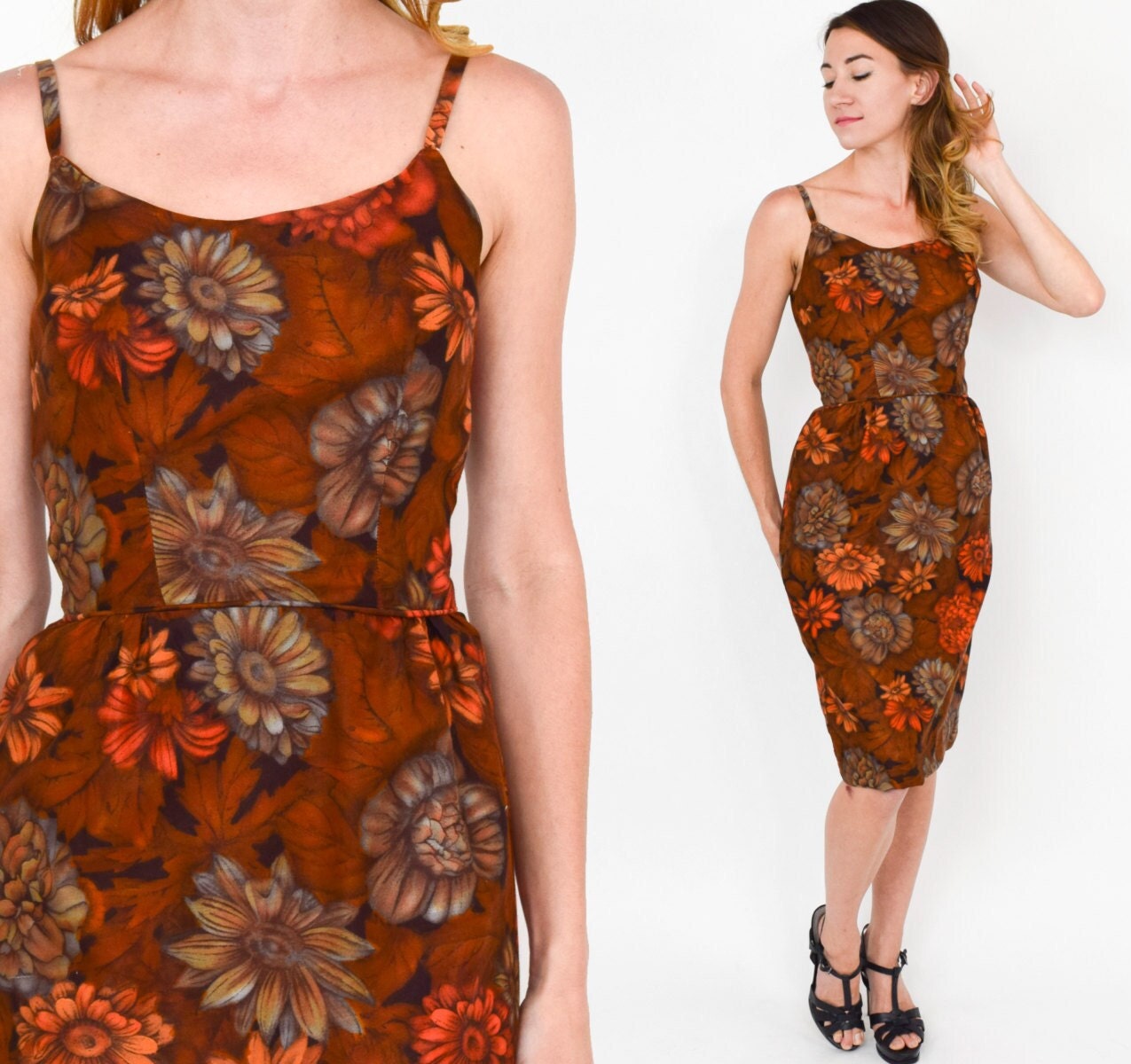 1950s Brown Floral Print Cotton Sheath Dress, Extra Small