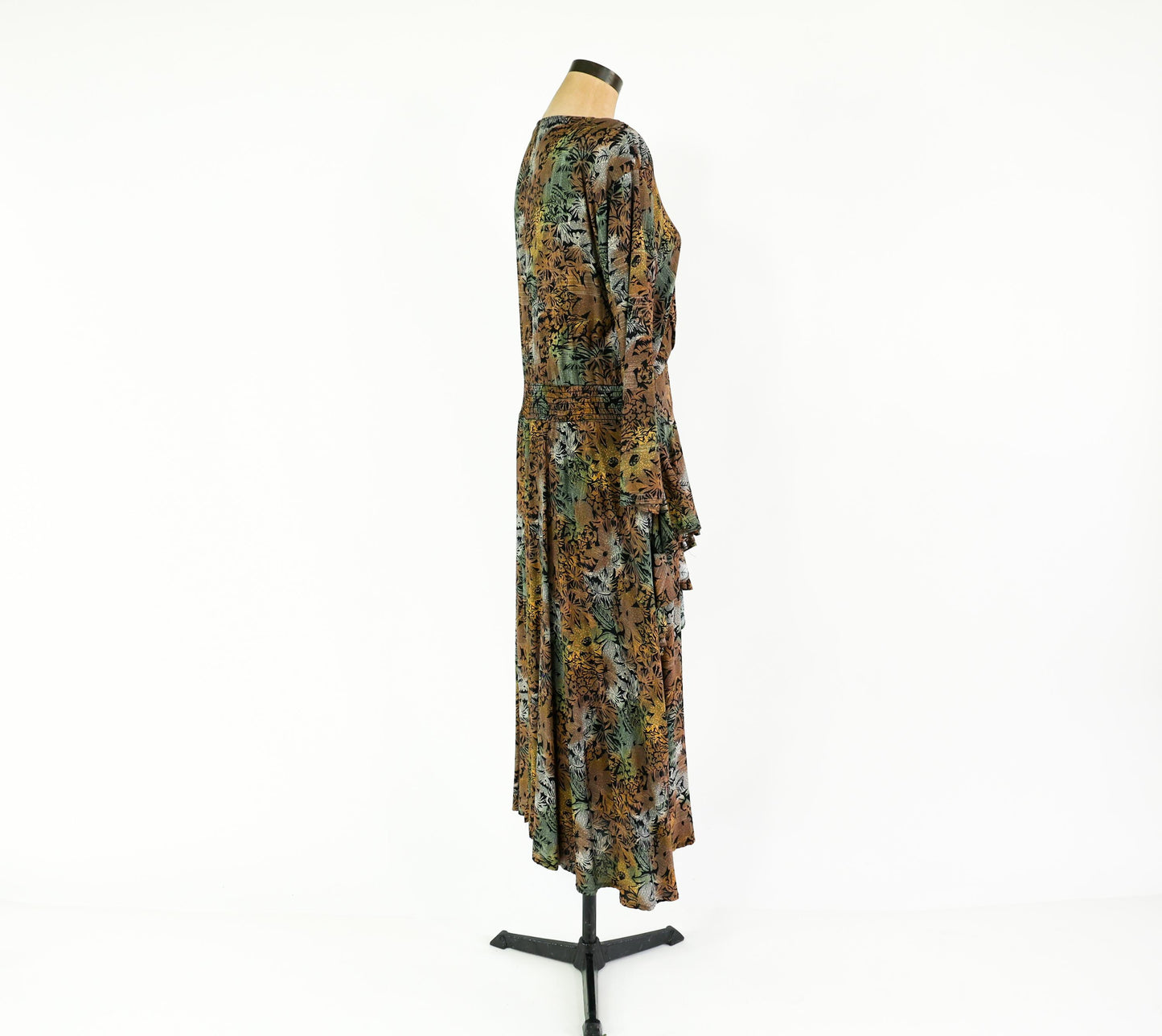 1980s Brown Floral Print Dress, Extra Large, Waist up to 36"