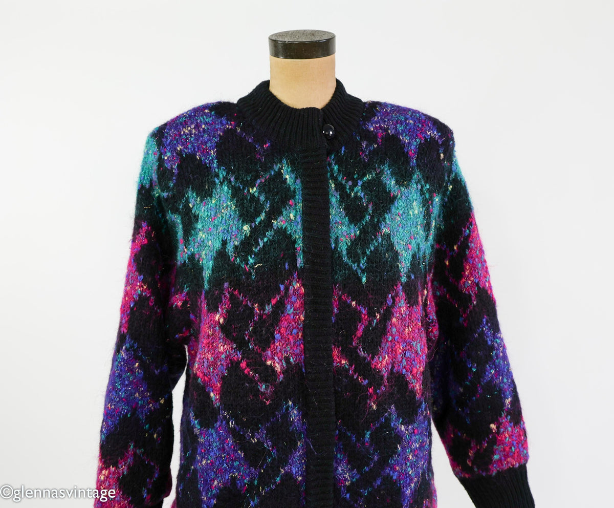 1980s Black Purple Metallic Knit Sweater Jacket, Lily of California, XL
