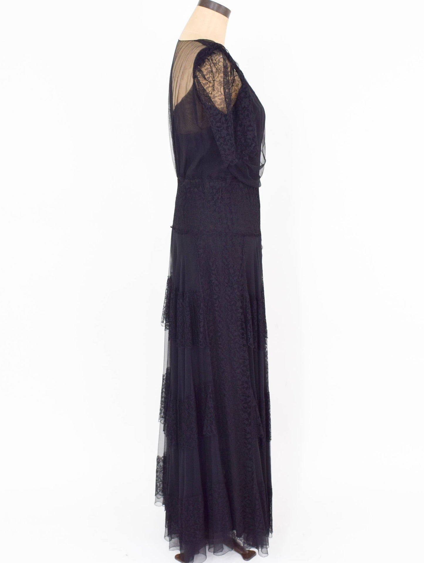 1940s Vintage Black Chiffon & Lace Evening Dress, Extra Large