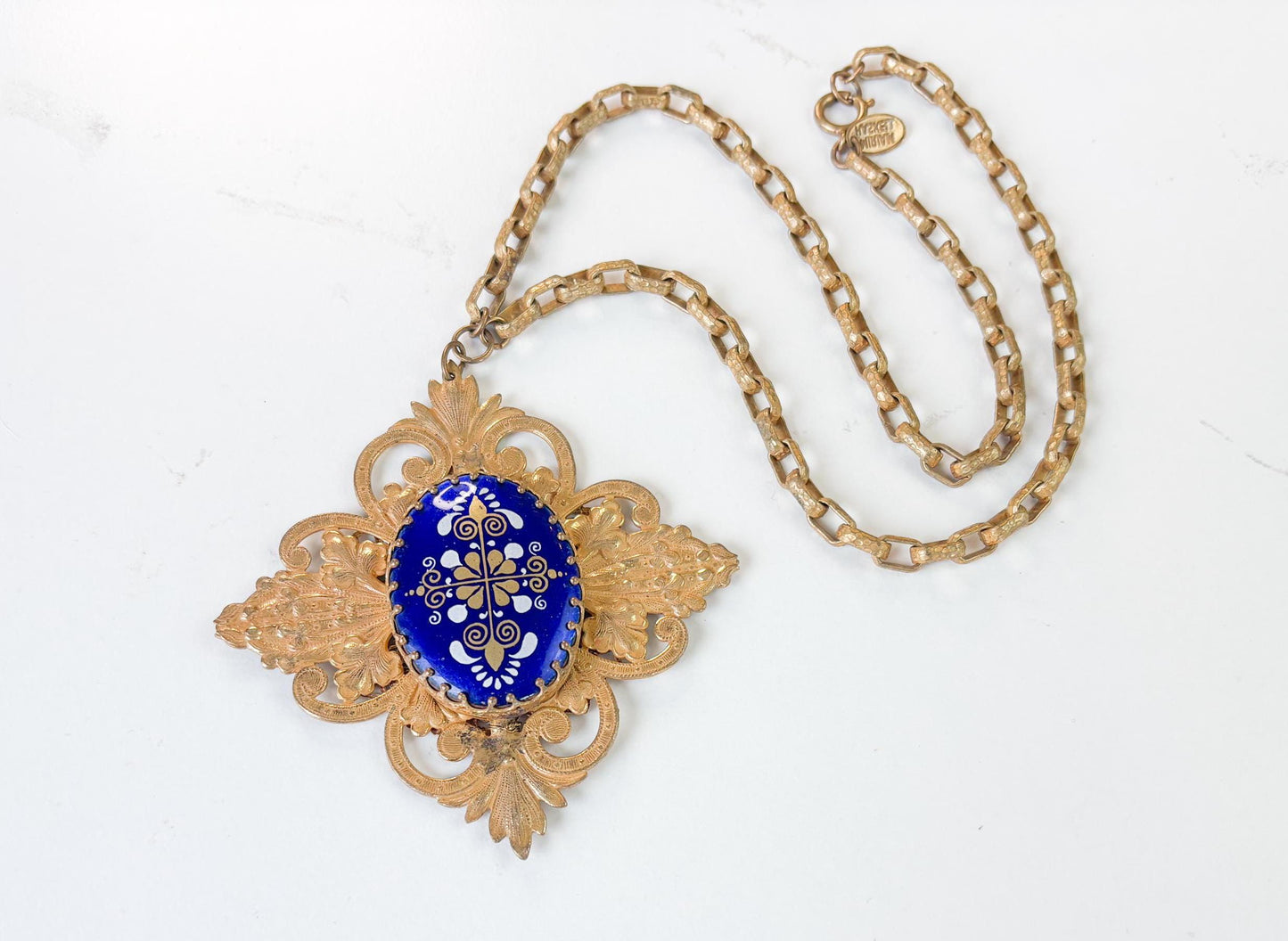 Vintage 1940s Miriam Haskell Necklace, Cobalt Blue Glass Filigree Pendant