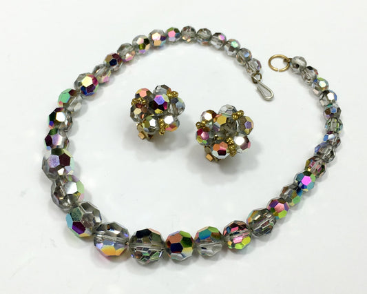 1960s Bronze Aurora Borealis Crystal Necklace & Earrings Set | 60s Gold Faceted Crystal Choker Set