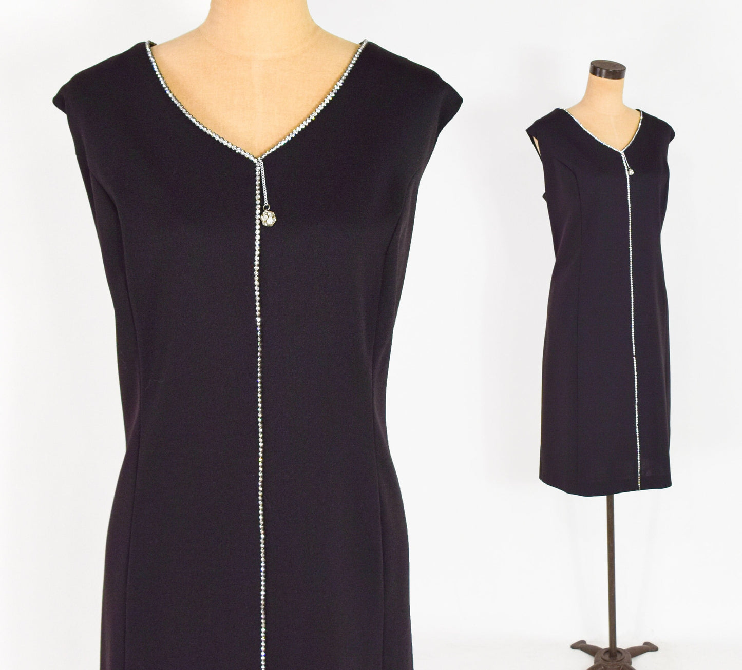 1960s Black Rhinestone Sleeveless Dress, 48” Waist