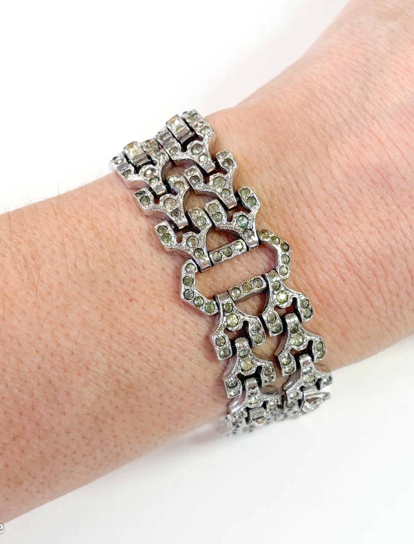 1930s Art Deco Rhinestone Bracelet, Geometric Silver Link Bracelet