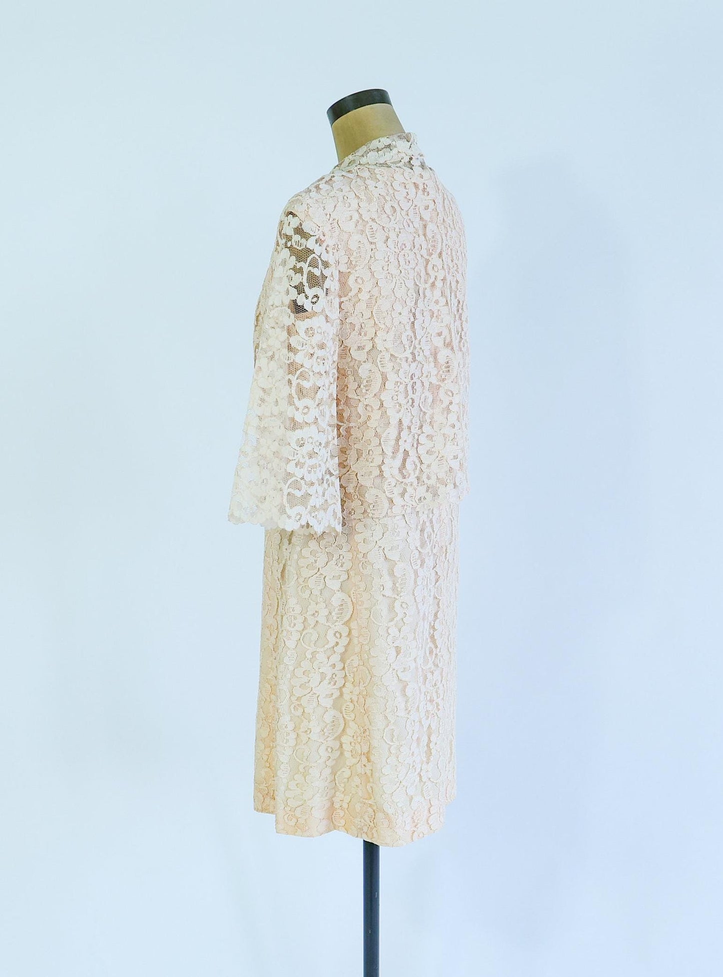 1960s Peach Lace Dress & Jacket Set, Wedding Ensemble, Large
